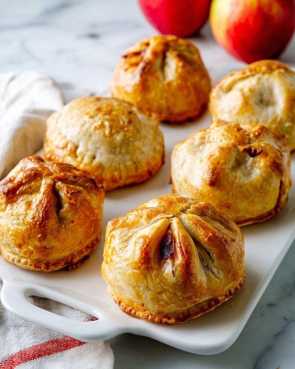 The image shows six golden-brown baked pastries with a rough, flaky crust, each shaped like a small pouch with gathered edges on top, sitting on a white rectangular plate with handles. The pastries have varied golden tones with some darker browned spots, giving them a crispy texture. Two red apples are placed in the background on a white marbled surface. A white cloth with a red stripe is partially visible near the plate's lower left corner. photo taken with an iphone --ar 4:5 --v 7