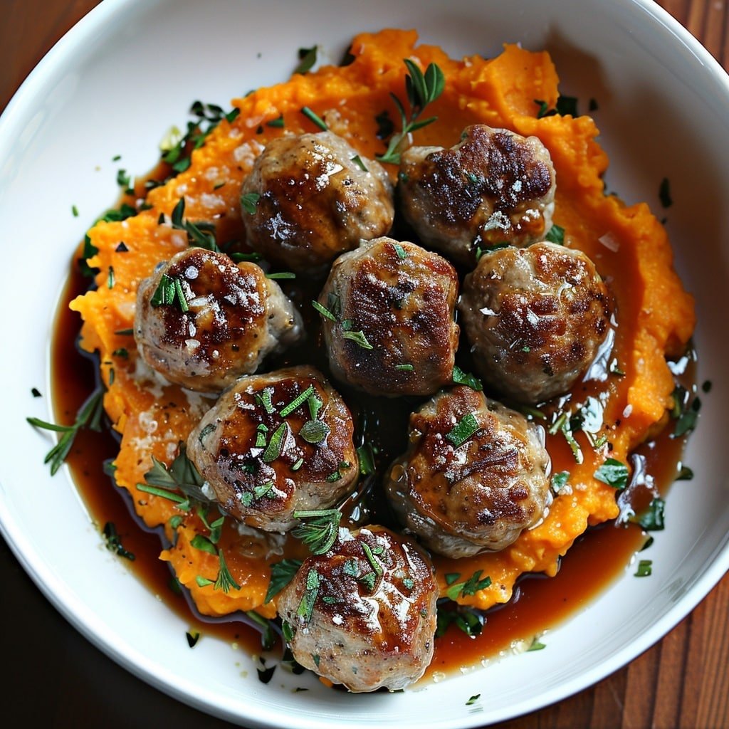 Pork Meatballs with Sweet Potato Mash and Bourbon-Maple Sauce Recipe - Recipe Image